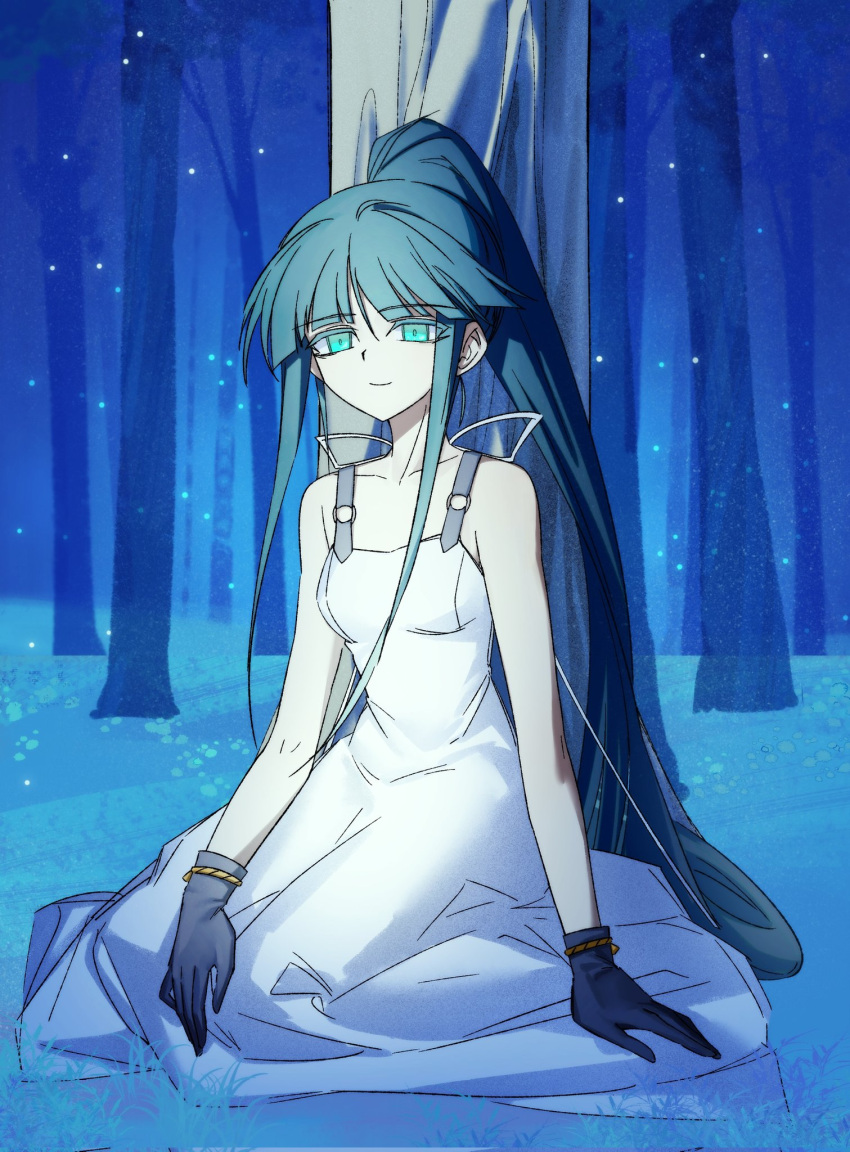 1girl, against_tree, aqua_eyes, back_ribbon, black_gloves, black_straps, blue_hair, blue_theme