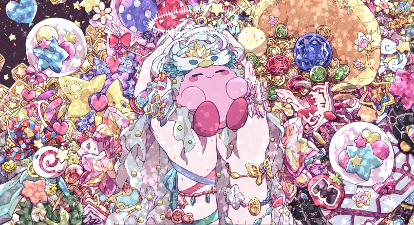 balloon, blush_stickers, bourbon_(kirby), candy, closed_eyes, coin, copy_ability, crystal_shards, dragoon_(kirby), fleur_tornado_kirby, food, gears, heart, heart_balloon, highres, hydra_(kirby), invincible_candy, kirby, kirby_(series), lollipop, maxim_tomato, puzzle_piece, sparkle, star_allies_sparkler, star_block, star_dream, star_rod, starship_(vehicle)_(kirby), tornado_kirby, treasure_chest, triple_star, tsunashi_(uwdm5757), ultra_sword, wondog, wondy
