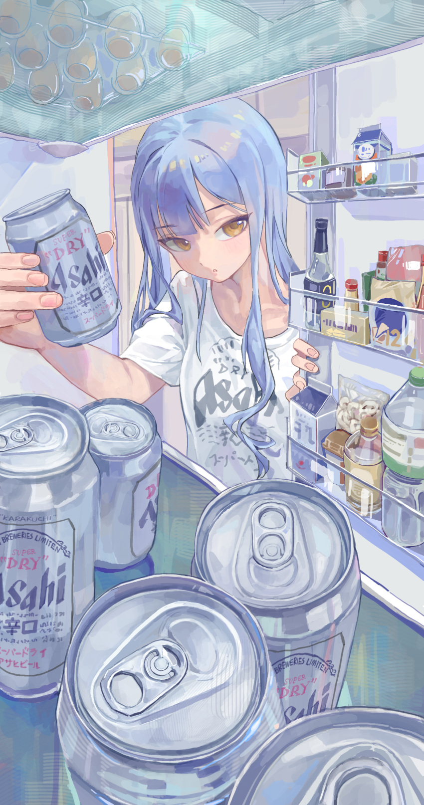 1girl, absurdres, asahi_breweries, bang_dream!, bang_dream!_it's_mygo!!!!!, beer_can, blacky1266859, blue_hair