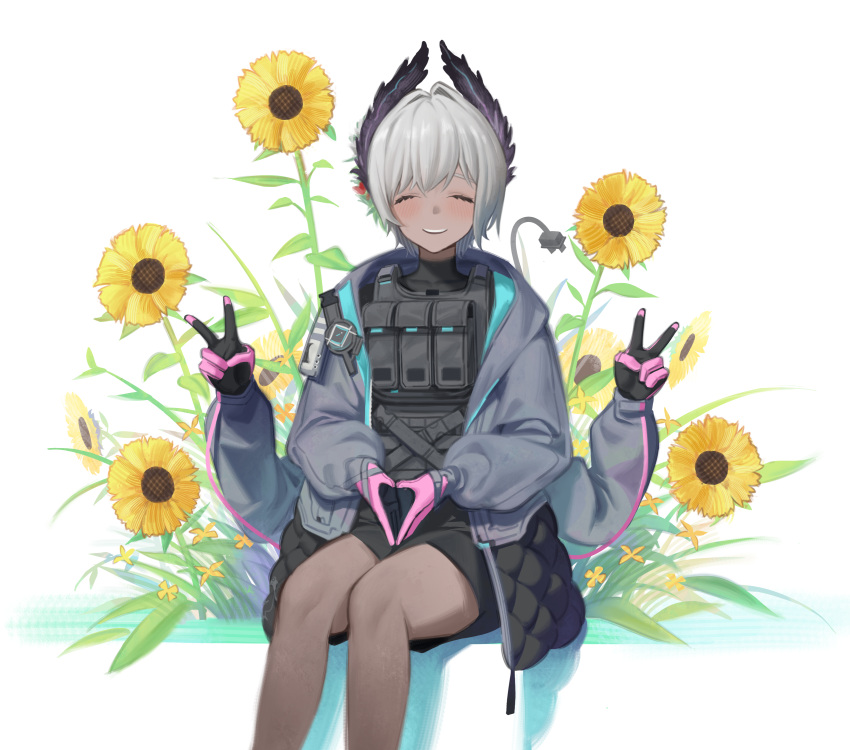 1girl, ^_^, absurdres, ahoyim, arknights, black_gloves, black_jacket, black_shirt