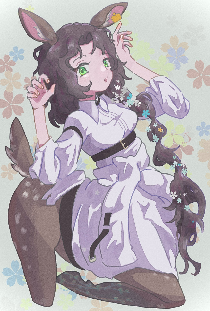 1girl, animal_ears, arm_belt, belt, black_belt, breasts, brown_hair, centauroid