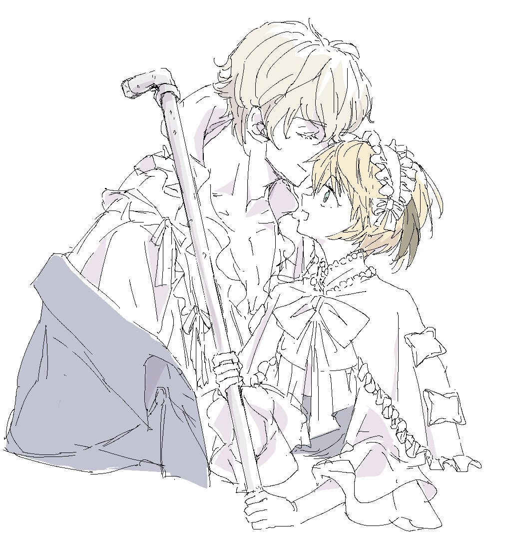 1boy, 1girl, adam's_apple, blonde_hair, bow, bowtie, brother_and_sister, capelet
