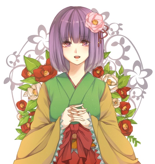 bad_id, bangs, blunt_bangs, bob_cut, breasts, bust, face, floral_background