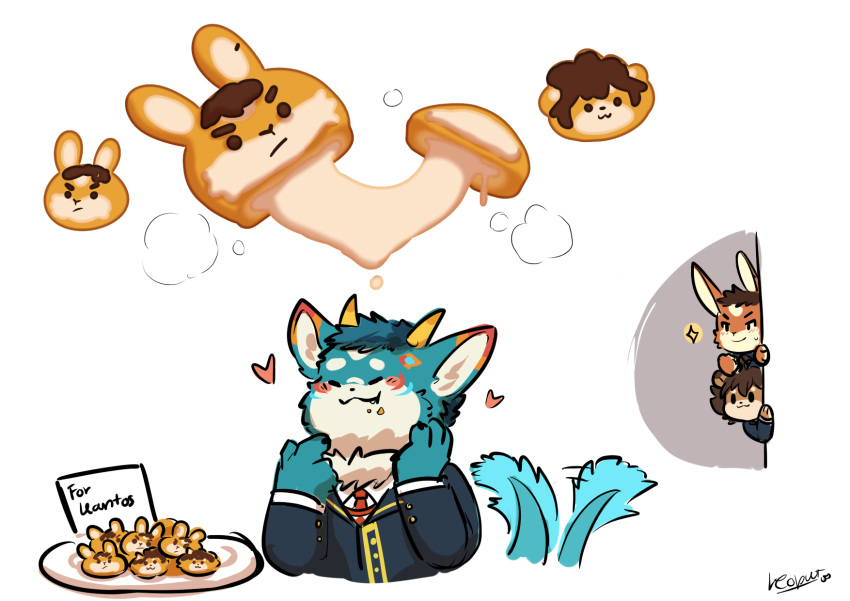 3boys, animal_ears, artist_self-insert, blush, character_name, chibi, chibi_inset, claws, closed_eyes, closed_mouth, coat, crumbs, dragon_boy, dragon_ears, dragon_horns, dragon_tail, english_commentary, fogue_(xxl), food, food_on_face, furry, furry_male, hand_on_own_face, heart, highres, horns, kantos_(xxl), leoneal's_workshop, lion_boy, lion_ears, lion_tail, looking_at_another, male_focus, multiple_boys, necktie, rabbit_boy, rabbit_ears, red_necktie, signature, sparkle, sweatdrop, tail, tail_wagging, upper_body, xxl_woofia