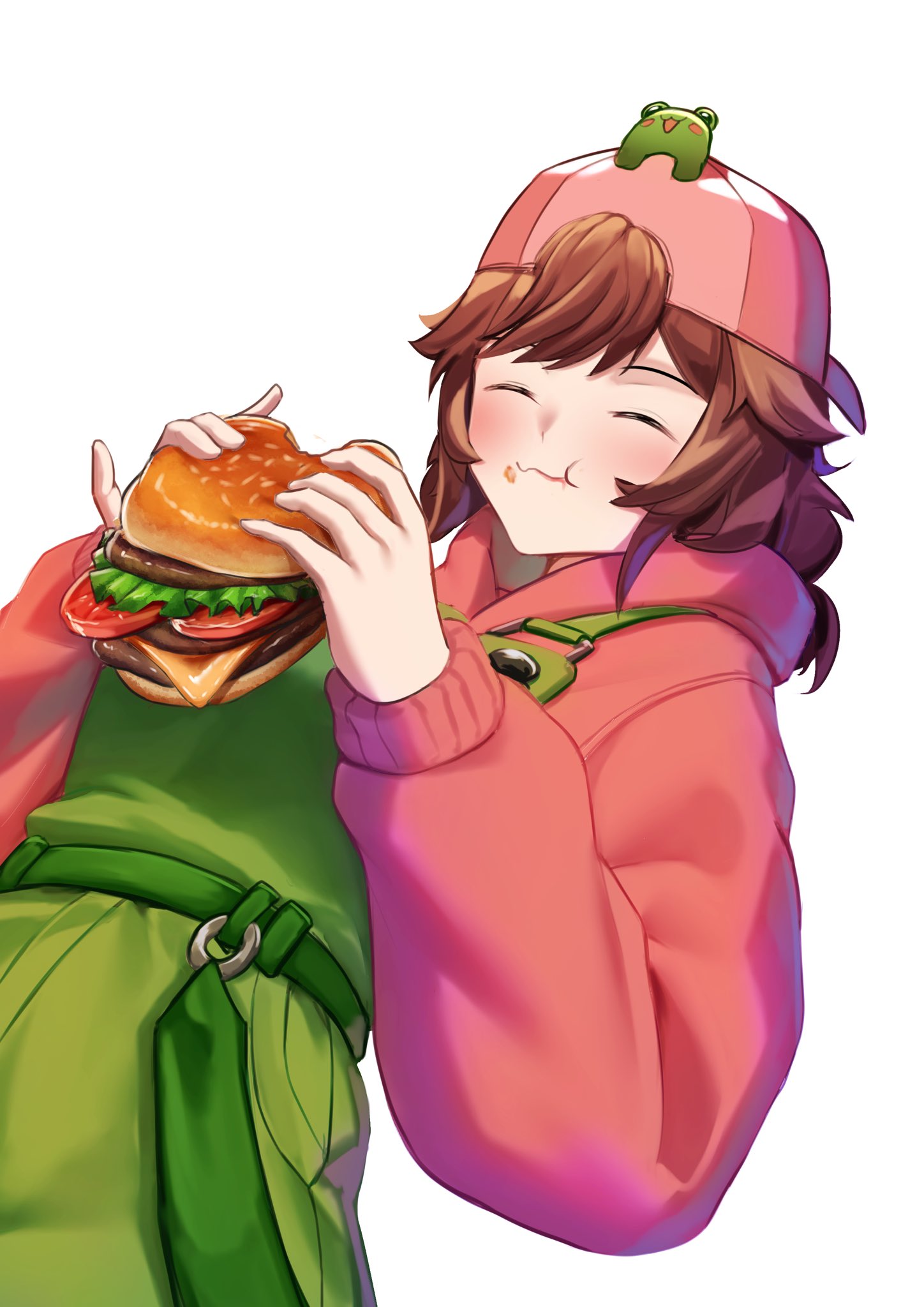 1girl, backwards_hat, baseball_cap, belt, bethy, blush, brown_hair, burger