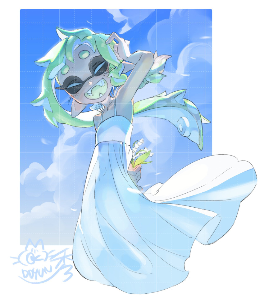 1girl, blue_sky, border, closed_eyes, clouds, ddyun_923, dress, facing_viewer
