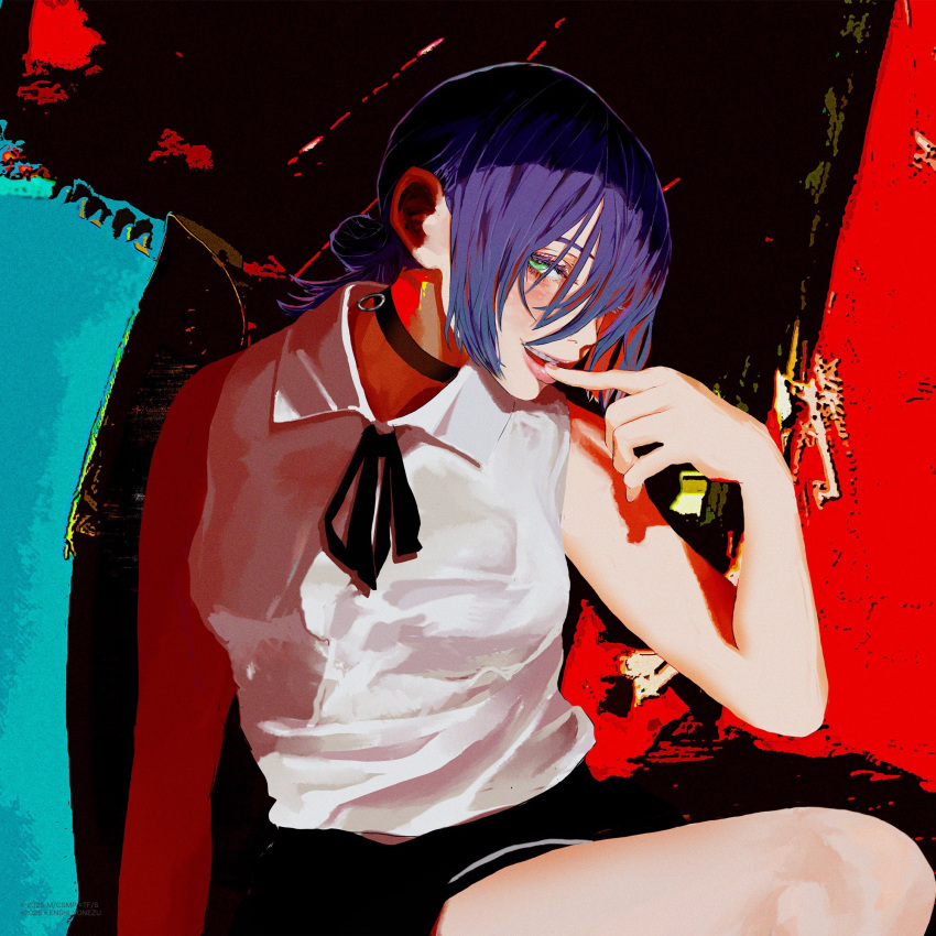 1girl, biting_own_finger, black_choker, blush, breasts, chainsaw_man, choker, collared_shirt