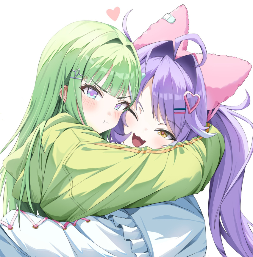 2girls, :3, ahoge, animal_ear_hairband, animal_ears, aoba_nene, blush, closed_mouth, diamond_hair_ornament, fake_animal_ears, fang, green_hair, green_jacket, hair_ears, hair_intakes, hair_ornament, hairband, hairclip, hashtag-only_commentary, heart, heart_hair_ornament, highres, hug, jacket, long_hair, looking_at_viewer, multiple_girls, mutual_hug, one_eye_closed, open_mouth, orange_eyes, parted_lips, pink_hairband, pout, purple_hair, simple_background, smile, stellive, straight_hair, swept_bangs, tenko_shibuki, upper_body, v-shaped_eyebrows, violet_eyes, virtual_youtuber, white_background, white_jacket, yuzuha_riko