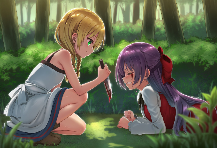 2girls, black_hair, blonde_hair, blood, blood_from_eyes, blood_on_knife, boots, bow