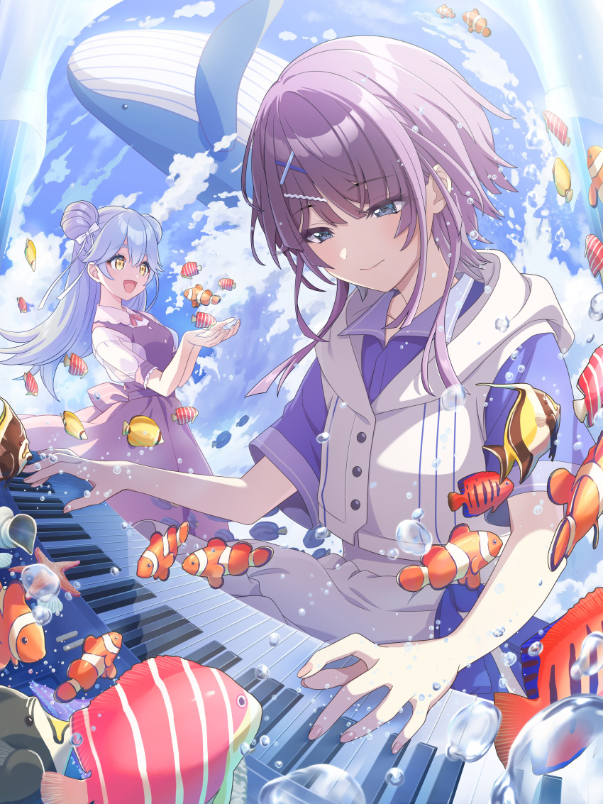 2girls, absurdres, agarie_nagi, aqua_hair, artist_request, blue_eyes, blue_shirt, bow