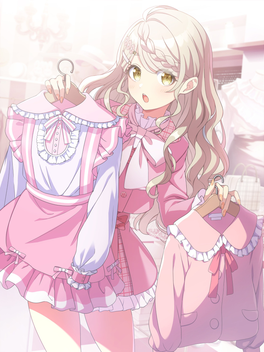 1girl, absurdres, artist_request, bow, bowtie, braid, braided_bangs, brown_eyes