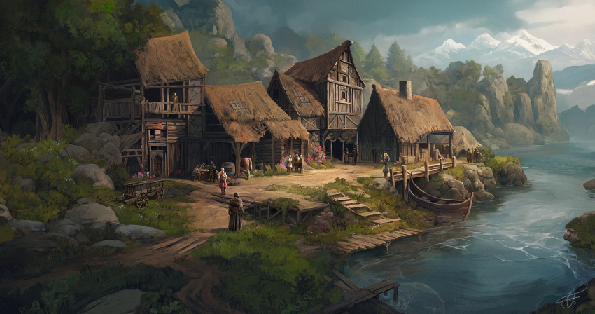 absurdres, boat, building, day, dirt_road, dock, grass, highres