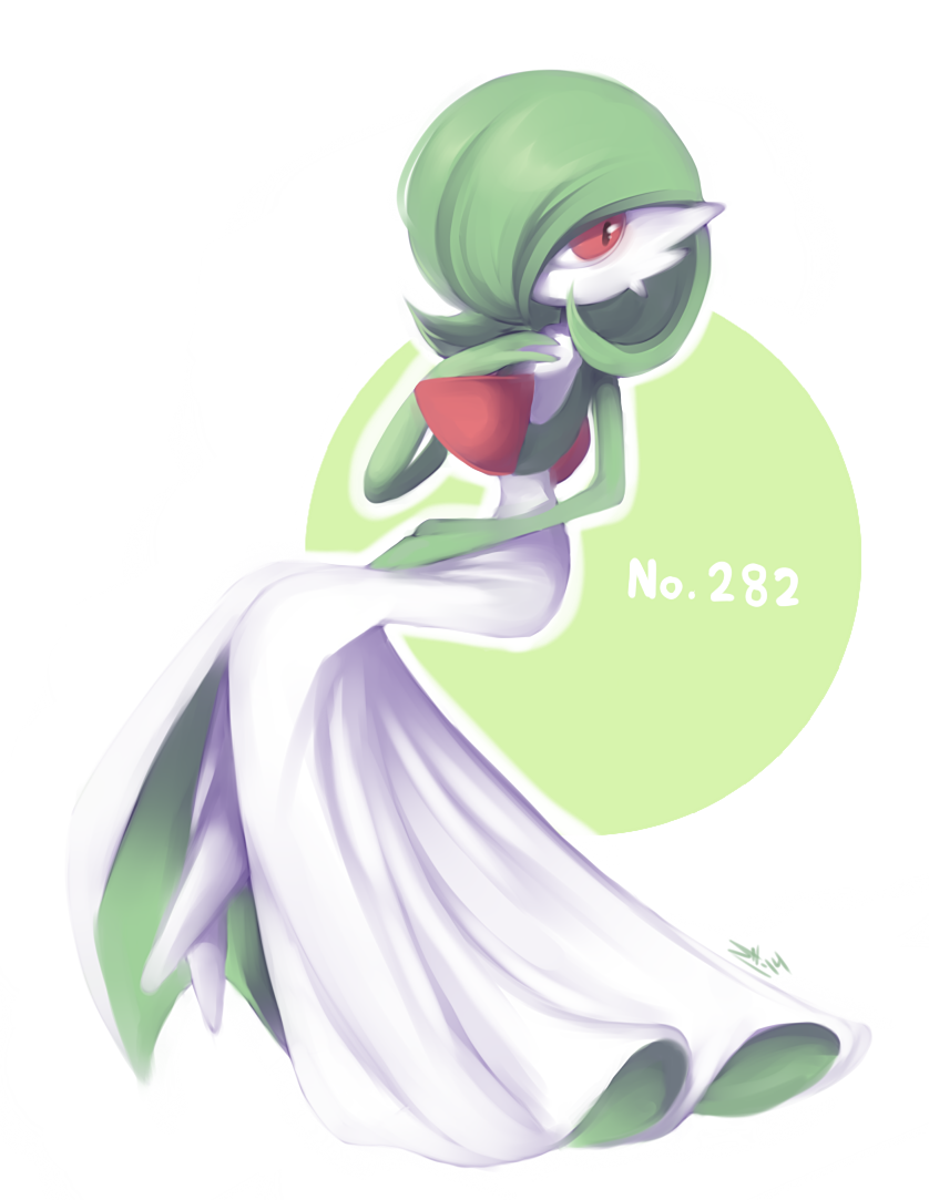 bob_cut, colored_skin, dress, gardevoir, green_hair, green_skin, hair_over_one_eye, looking_at_viewer