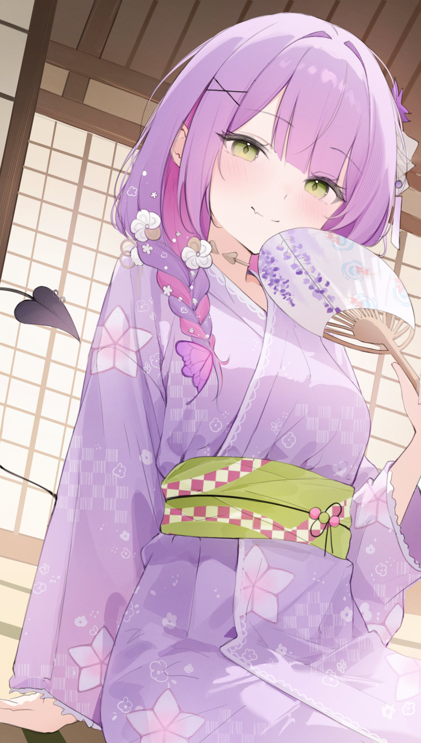 1girl, absurdres, blunt_bangs, closed_mouth, colored_inner_hair, commentary, demon_girl, demon_tail