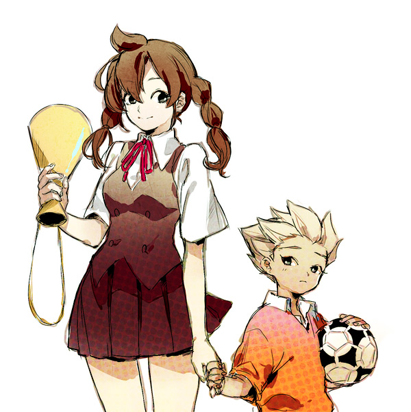 age_progression, age_regression, bad_id, braid, brother_and_sister, brown_hair, gouenji_shuuya, gouenji_yuuka