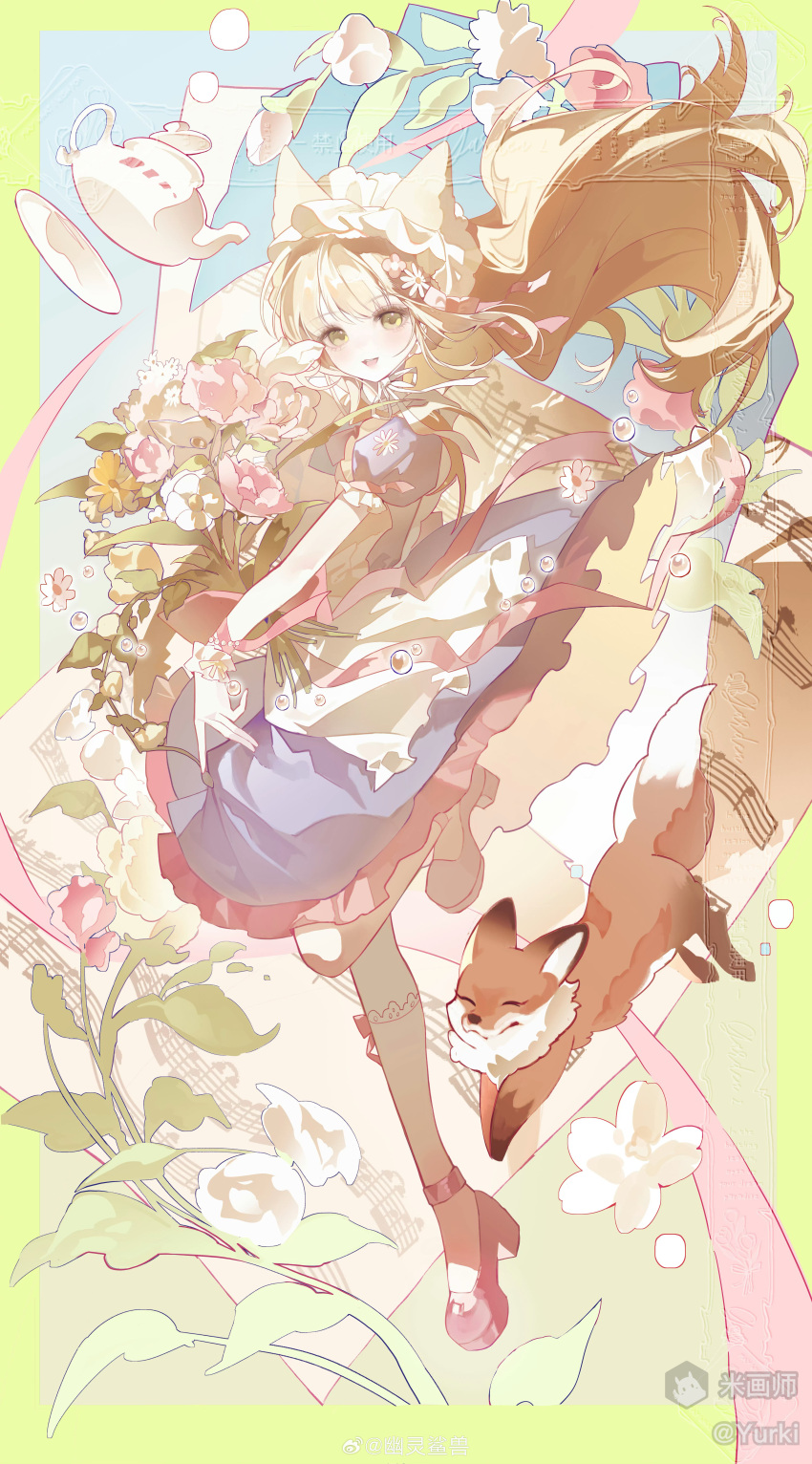 1girl, :d, absurdres, animal, blonde_hair, blue_background, blue_dress, blush