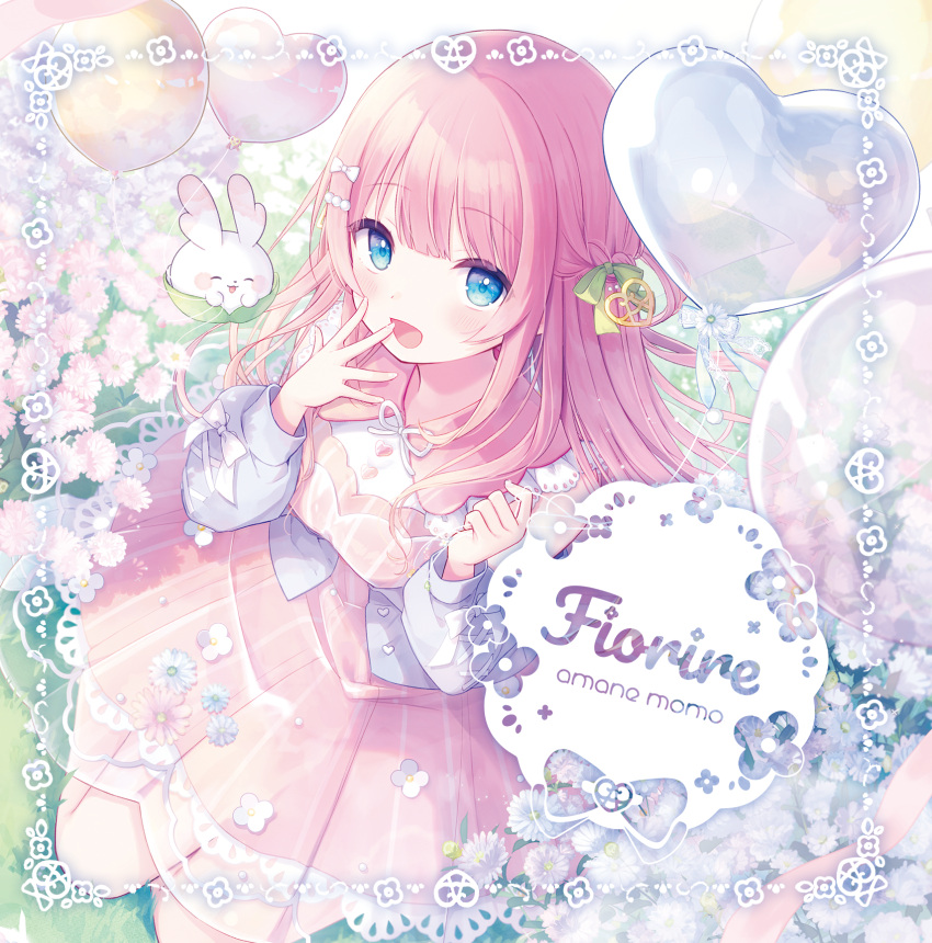 1girl, album_name, amane_momo, balloon, blue_eyes, blush, bow, character_name