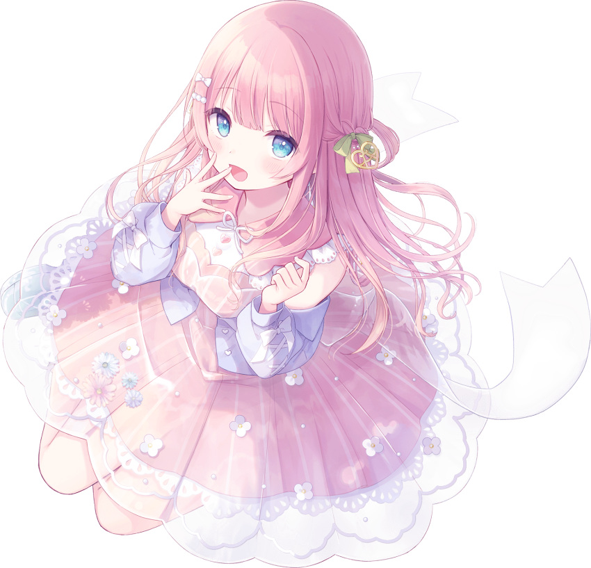 1girl, amane_momo, blue_eyes, blush, bow, dress, frilled_dress, frills, full_body, hair_bow, hand_to_own_mouth, harui_(hr_x9_), highres, indie_virtual_youtuber, long_hair, long_sleeves, looking_at_viewer, official_art, open_mouth, pink_dress, pink_hair, semi-transparent_dress, simple_background, smile, solo, transparent_background, virtual_youtuber