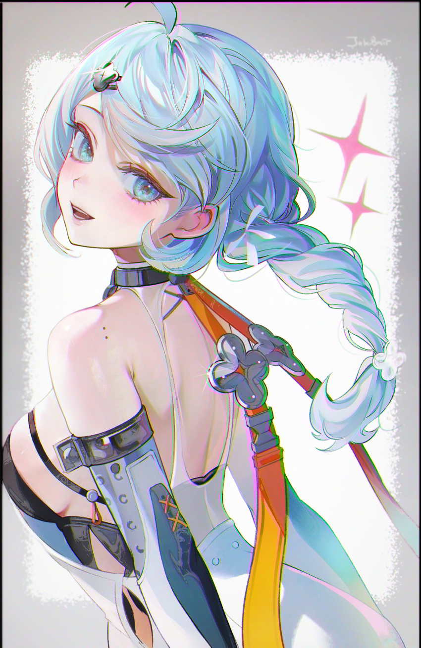 1girl, aqua_eyes, aqua_hair, braid, camera_flash, highres, long_hair, seed_(zenless_zone_zero)