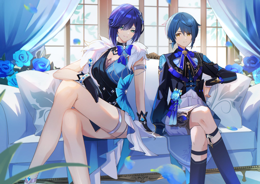 1boy, 1girl, armlet, black_choker, black_dress, black_gloves, black_socks, blue_bow