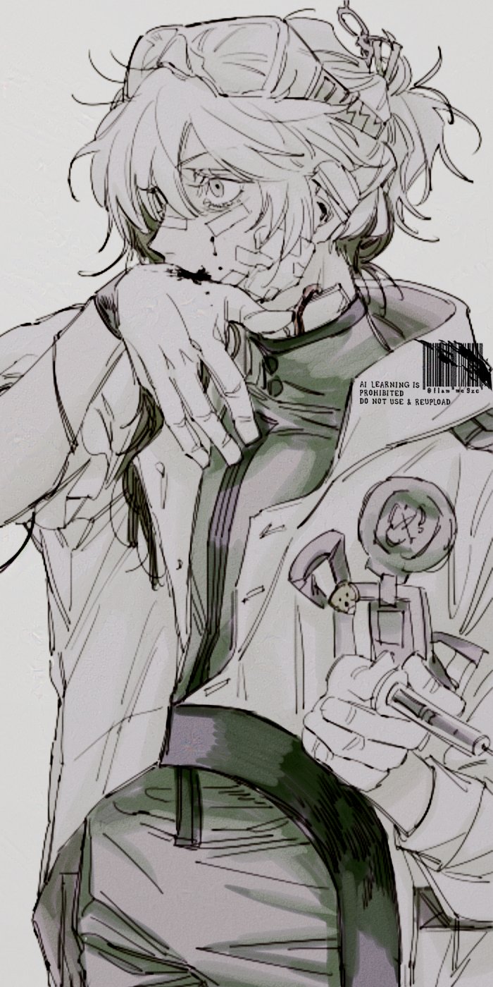 1other, bandaid, bandaid_on_face, blood, blood_on_face, coat, gloves, grey_background