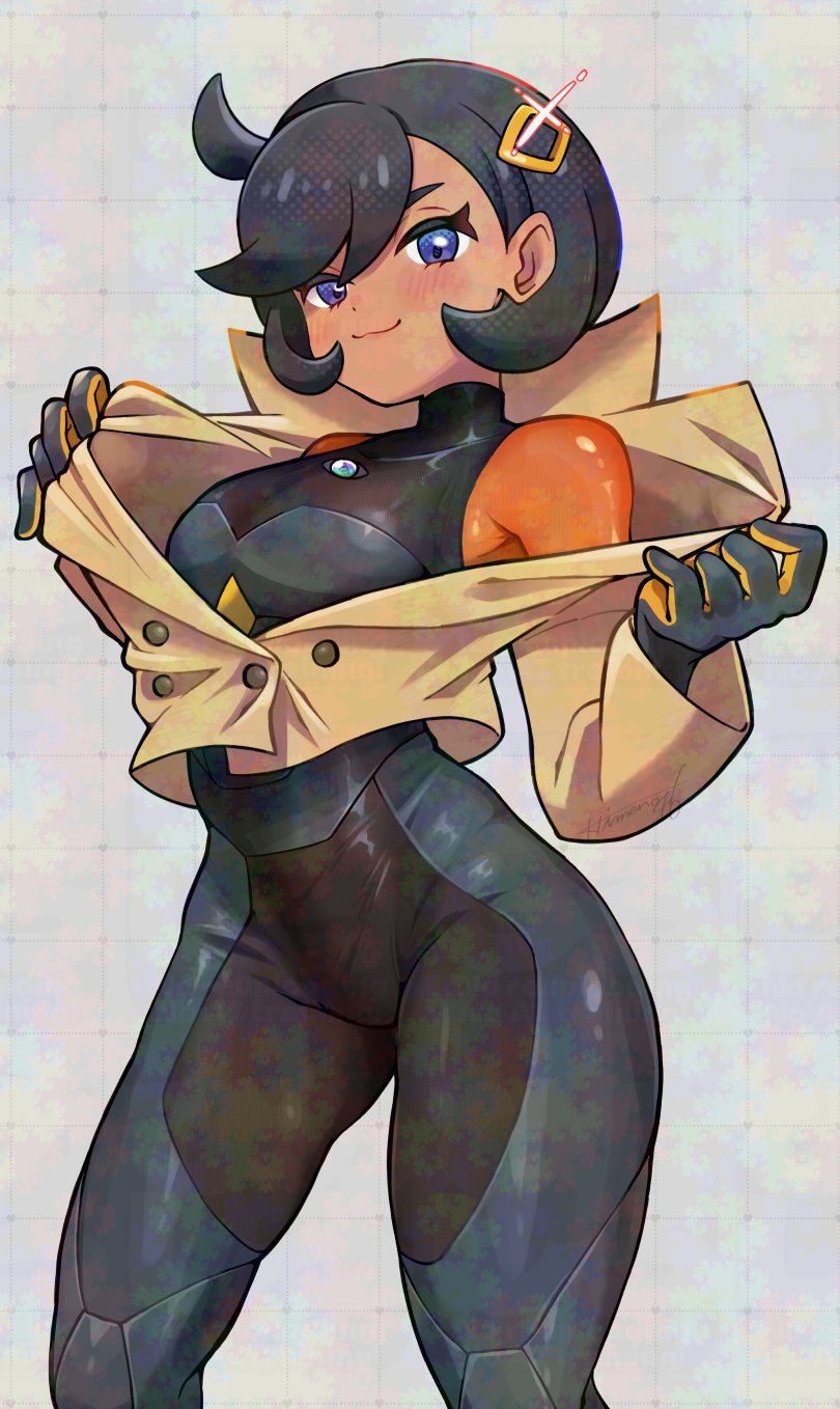1girl, adversarial_noise, ahoge, bare_shoulders, black_bodysuit, black_gloves, black_hair, blue_eyes