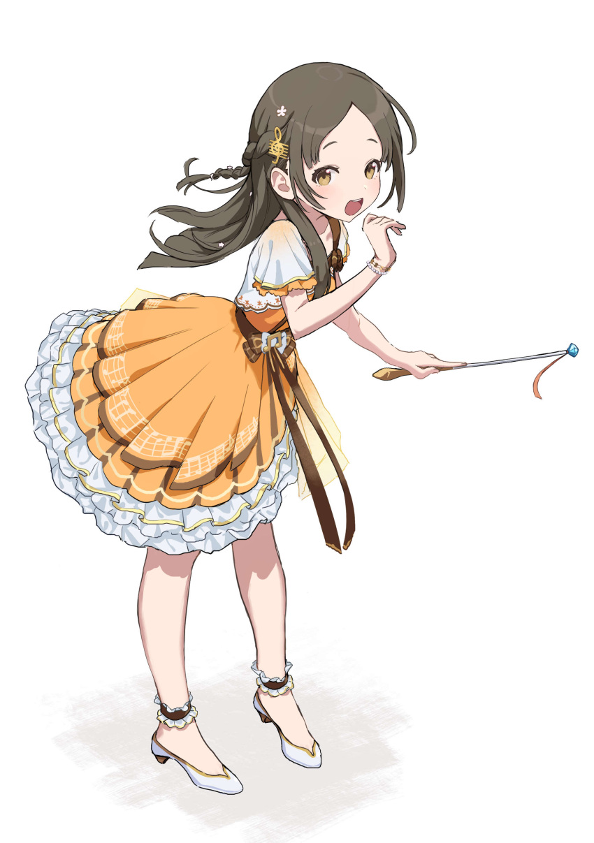 1girl, absurdres, ankle_cuffs, blush, bracelet, braid, brown_eyes, brown_hair
