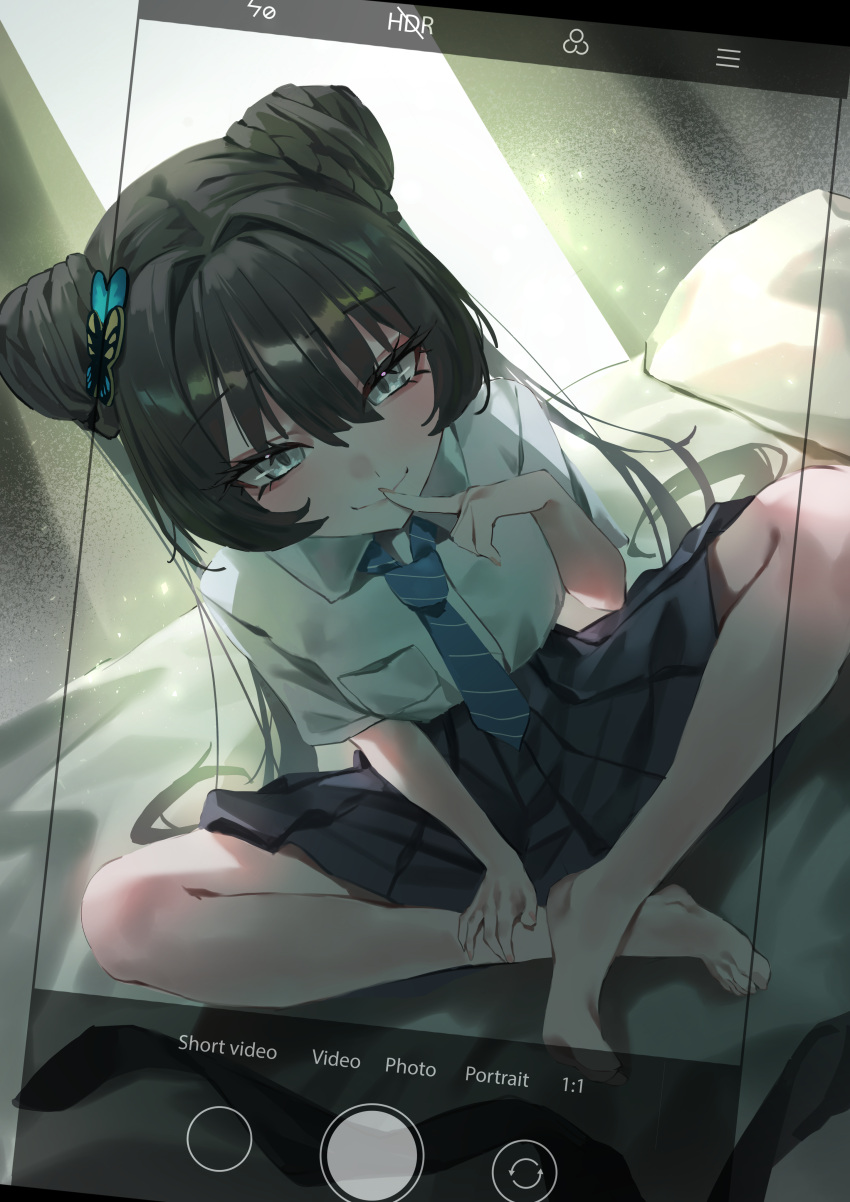 1girl, absurdres, barefoot, black_hair, black_skirt, black_socks, blue_archive, blue_necktie