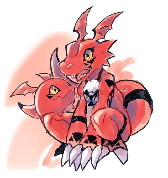 claws, colored_skin, digimon, digimon_(creature), gigimon, guilmon, looking_at_another, no_humans