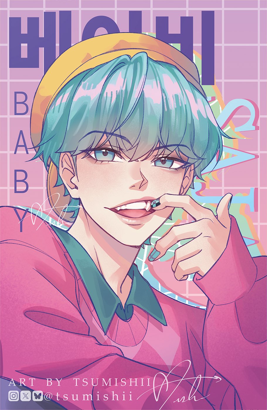 1boy, aqua_eyes, aqua_hair, baby_(kpop_demon_hunters), black_eyeshadow, bluesky_logo, bluesky_username, character_name