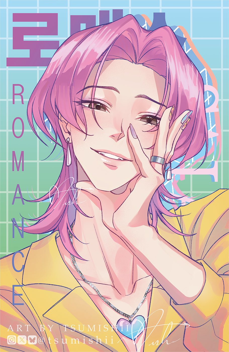 1boy, artist_name, bluesky_username, brown_eyes, earrings, hand_on_own_face, heart_pendant, highres