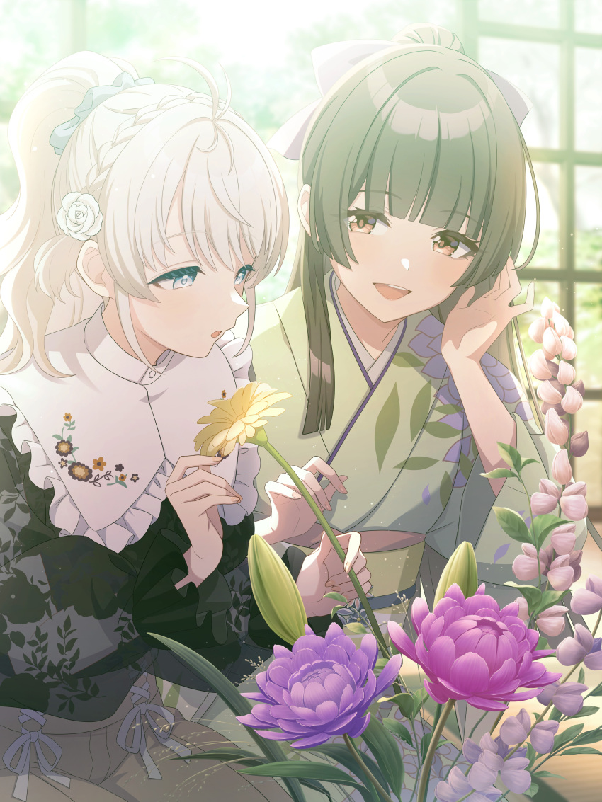 2girls, absurdres, ahoge, artist_request, black_shirt, blonde_hair, blue_eyes, blunt_bangs