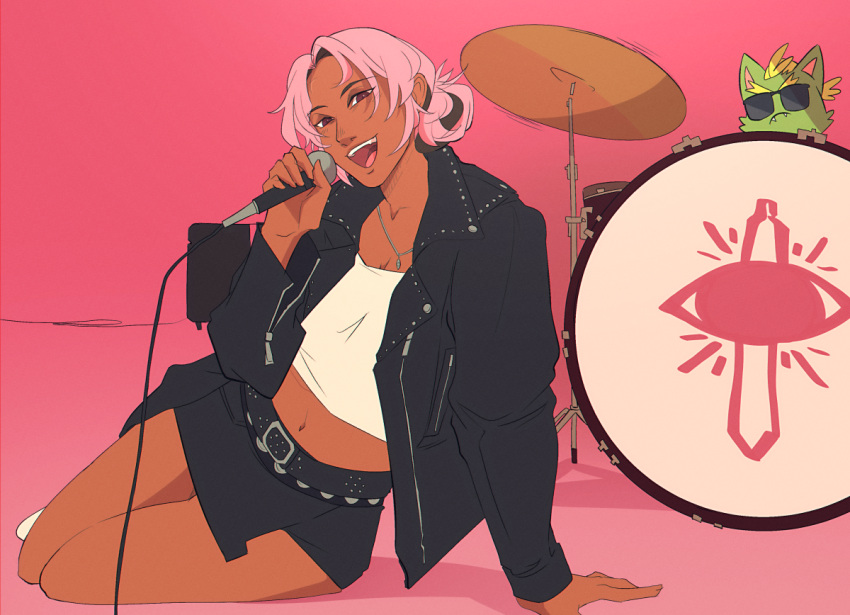 cat, crop_top, dark-skinned_female, dark_skin, drawfee, drawtectives, drum, drum_set