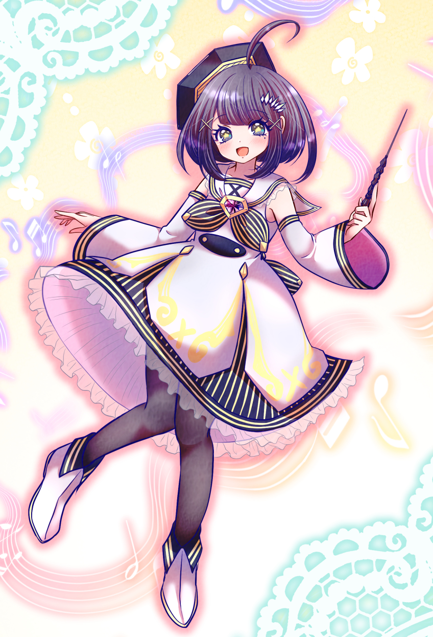 1girl, ahoge, black_pantyhose, blush, brown_hair, detached_sleeves, dress, duel_monster, frilled_dress, frills, green_eyes, hat, highres, holding, holding_wand, long_sleeves, looking_at_viewer, medium_hair, mole, mole_under_eye, momobesaeka, musical_note, musical_staff, open_mouth, pantyhose, shoes, smile, solfachord_primoria, solo, wand, white_dress, white_shoes, wide_sleeves, yu-gi-oh!