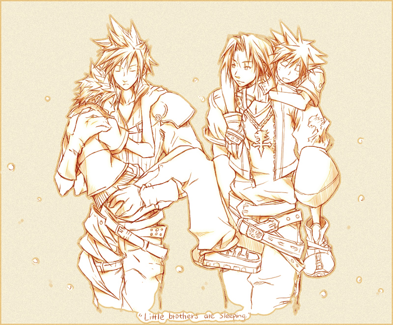 4boys, age_difference, armor, arms_around_neck, asymmetrical_sleeves, belt, carrying, chain