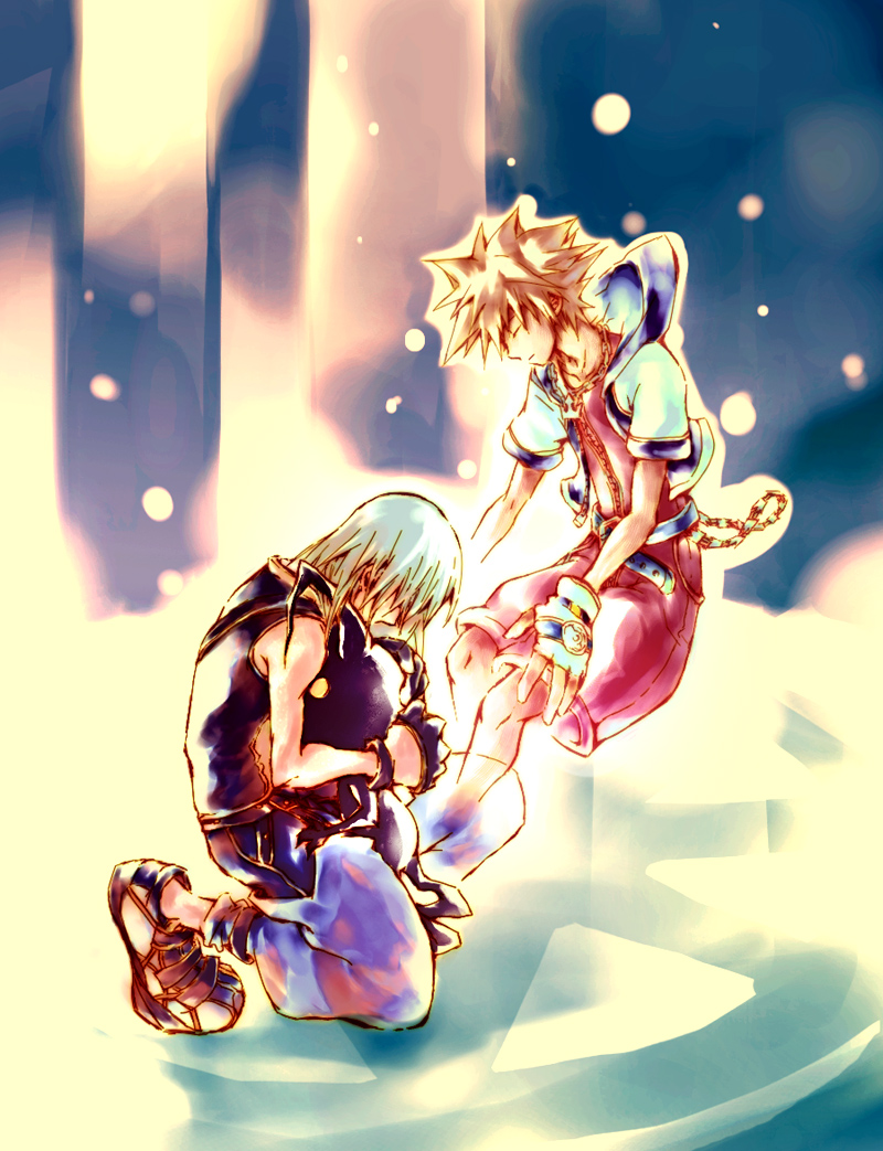 2boys, belt, black_gloves, black_vest, blue_belt, blue_jacket, blue_pants, brown_hair