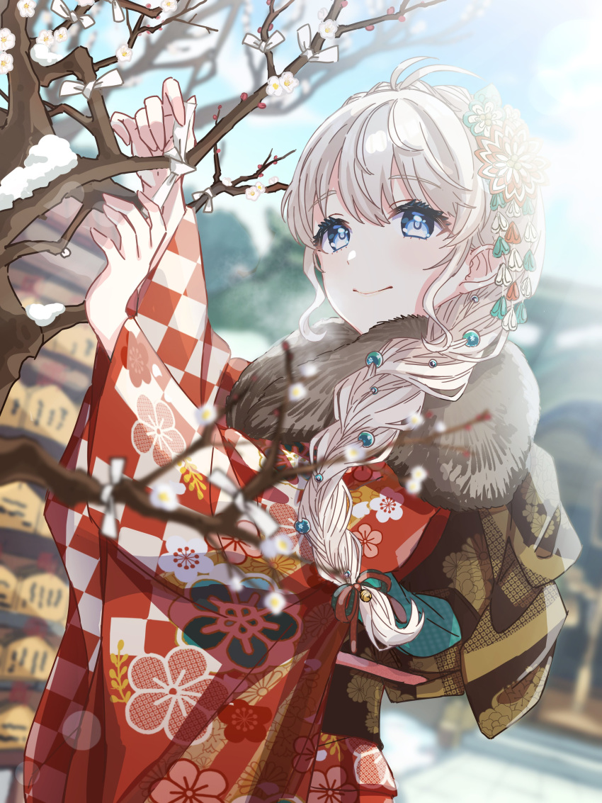 1girl, absurdres, artist_request, blonde_hair, blue_eyes, blue_sky, blurry, blurry_background