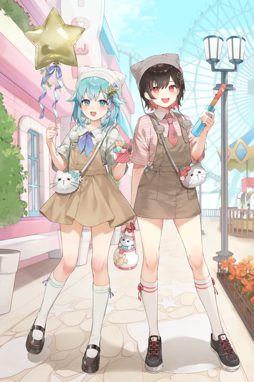 absurdres, black_hair, blue_hair, blush, churro, earrings, food, full_body