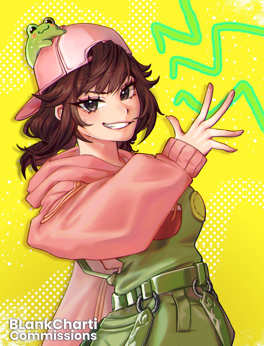 1girl, animal_print, artist_name, backwards_hat, baseball_cap, belt, bethy, black_scrunchie