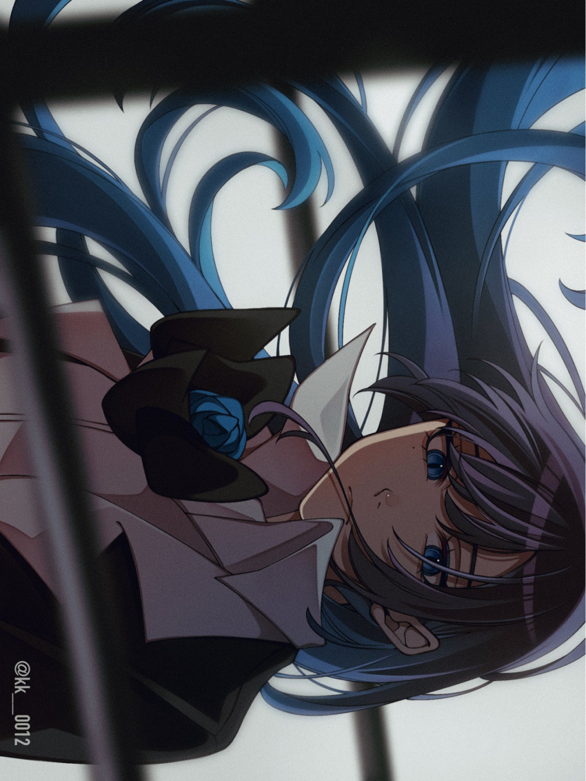 1girl, ado_(utaite), black_bow, black_bowtie, black_hair, blue_eyes, blue_hair, bow