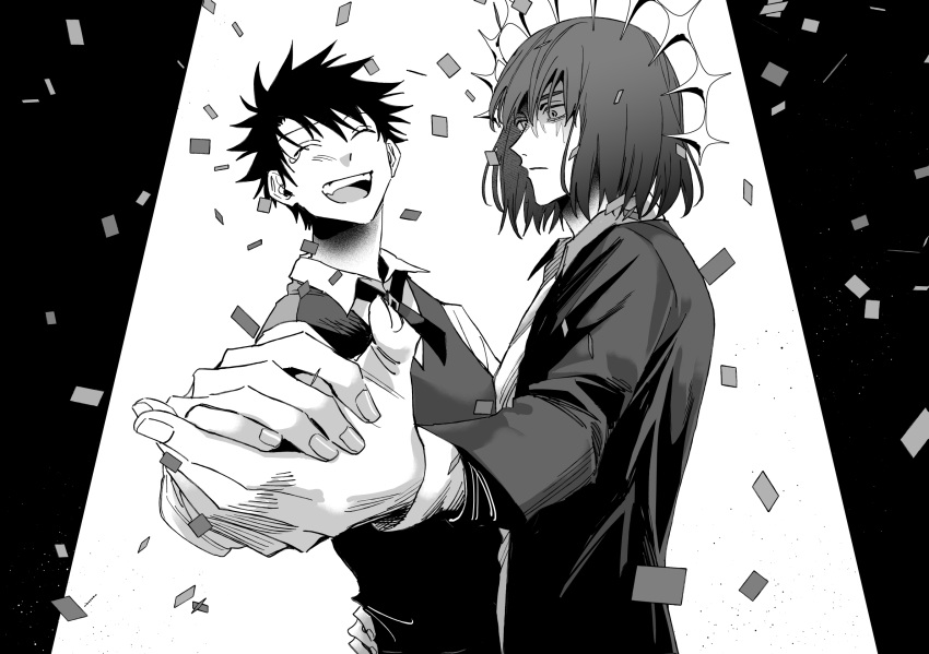 2boys, black_shirt, black_vest, closed_eyes, collared_shirt, confetti, dancing, fate/grand_order