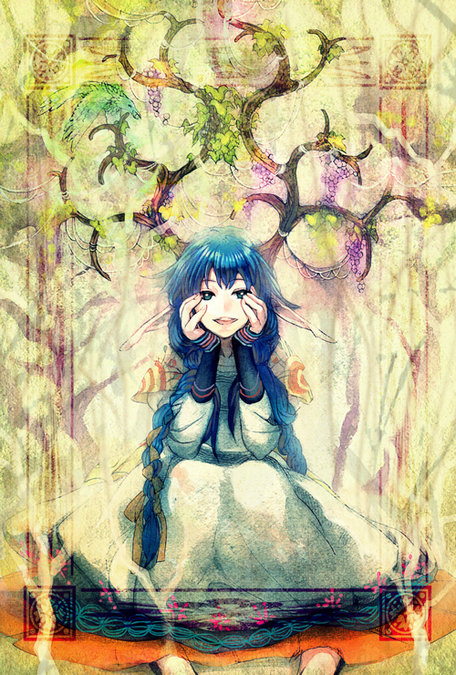 bird, blue_hair, braid, branch, chin_rest, dress, fantasy, food