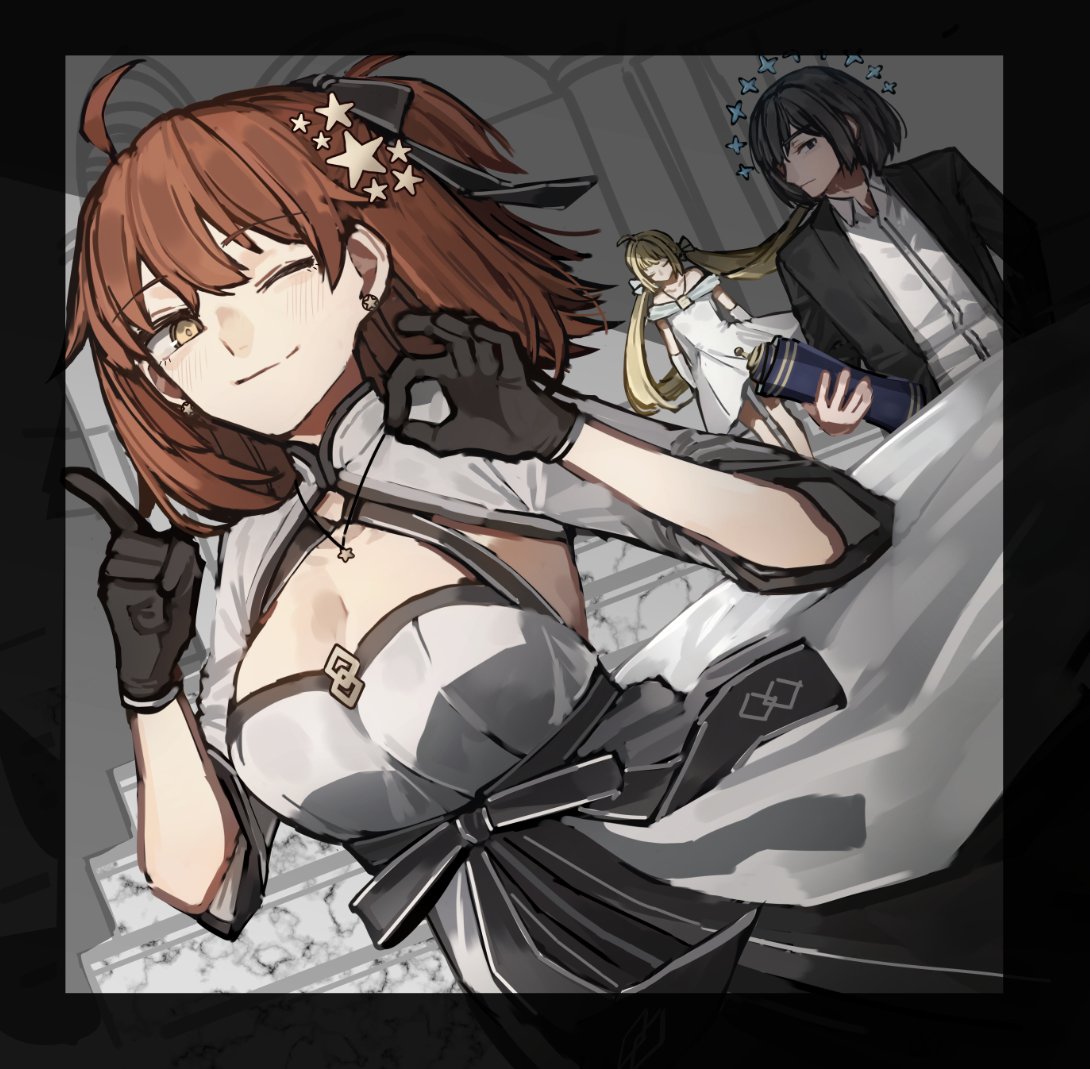 1boy, 2girls, artoria_caster_(fate), artoria_caster_(fgo_fes._2025)_(fate), artoria_pendragon_(fate), black_gloves, black_hair, blonde_hair