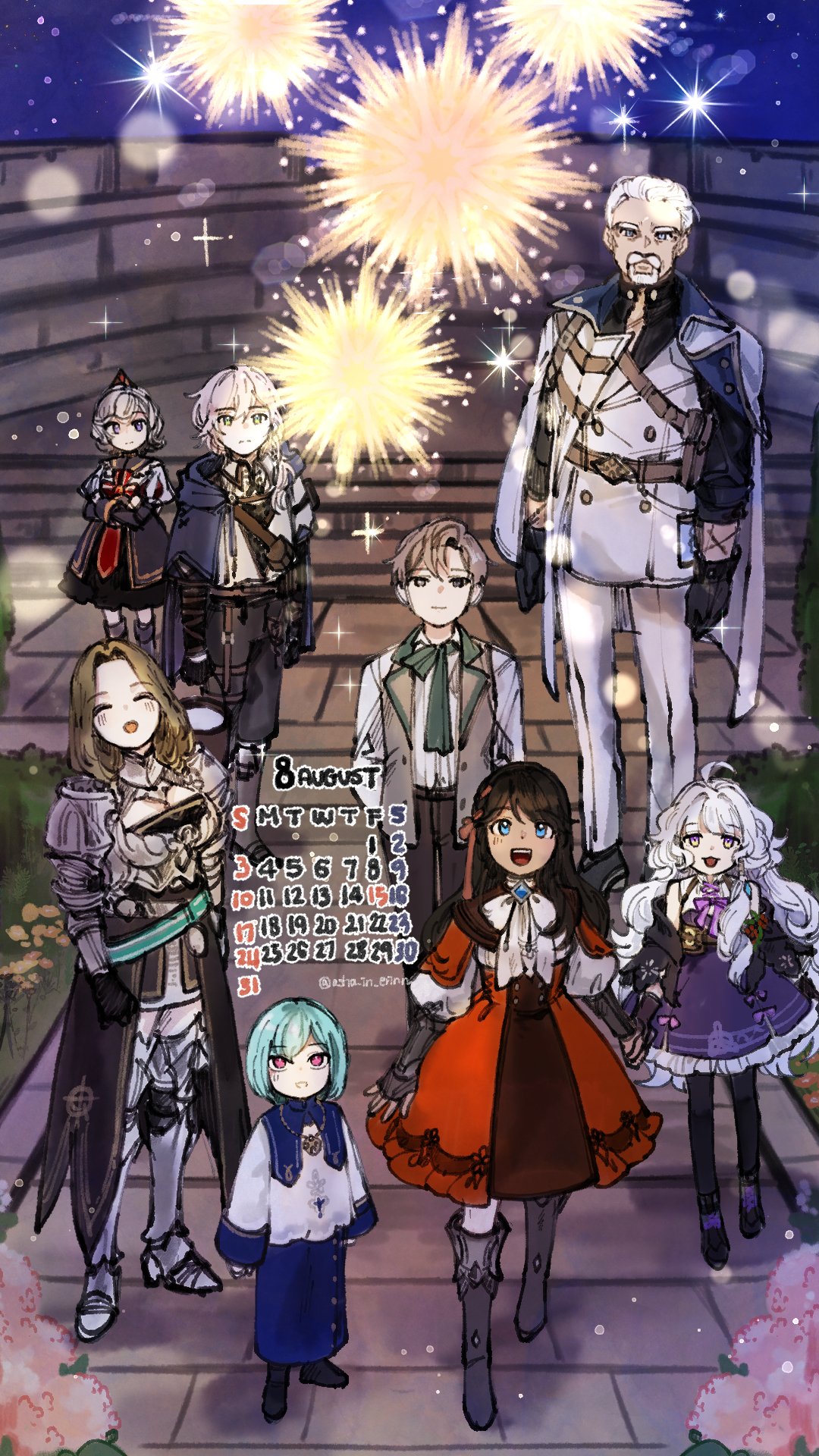 age_difference, asha_in_erinn, calendar_(medium), cowenna, elf, eochaid_(mabinogi), fireworks, garden, giant, height_difference, highres, iolar_(mabinogi), knight, loiscneach_(mabinogi), mabinogi, multiple_boys, multiple_girls, outdoors, pointy_ears, rowan_(mabinogi)
