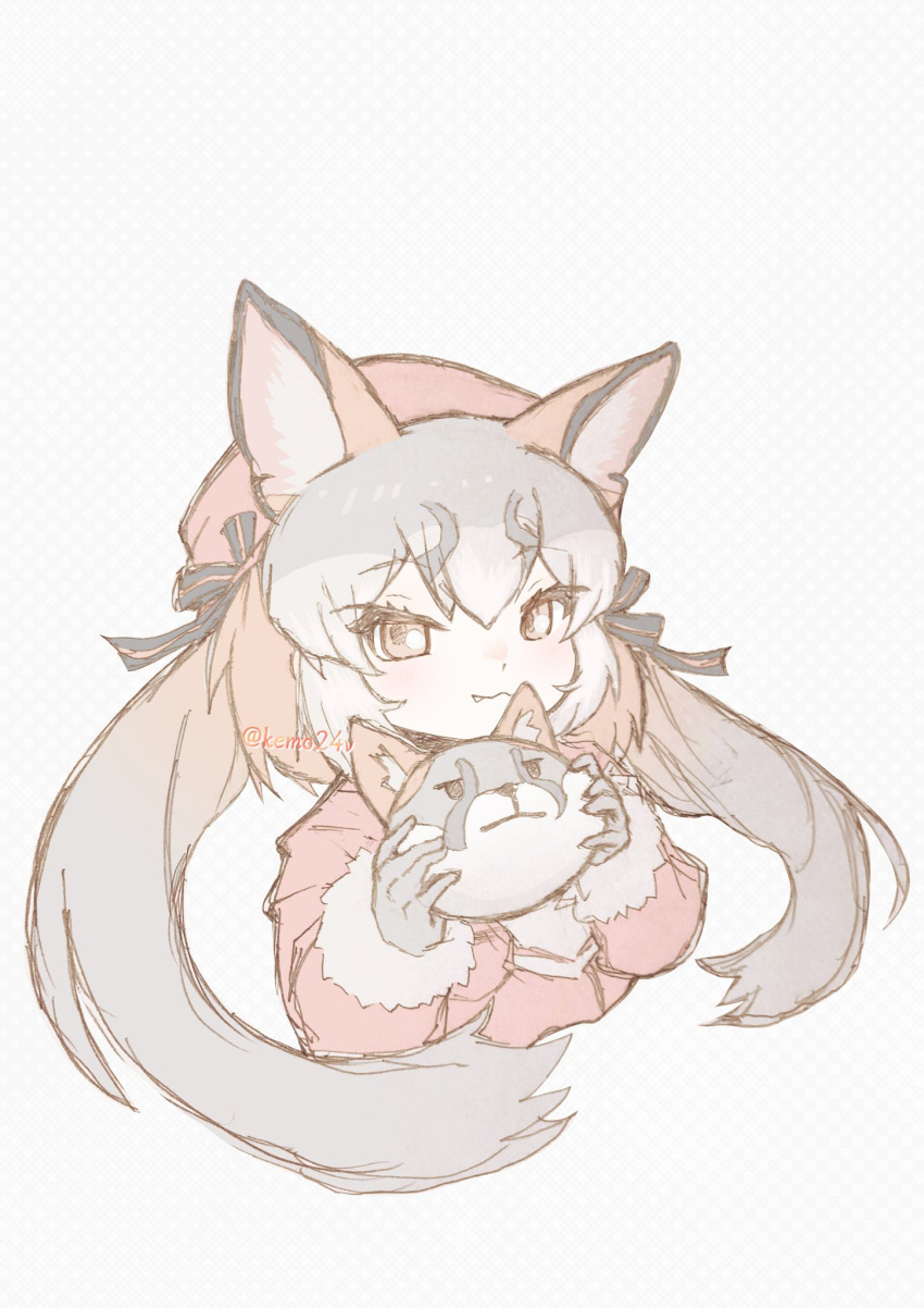 1girl, animal_ears, extra_ears, fox_ears, fox_girl, gloves, grey_background, grey_hair