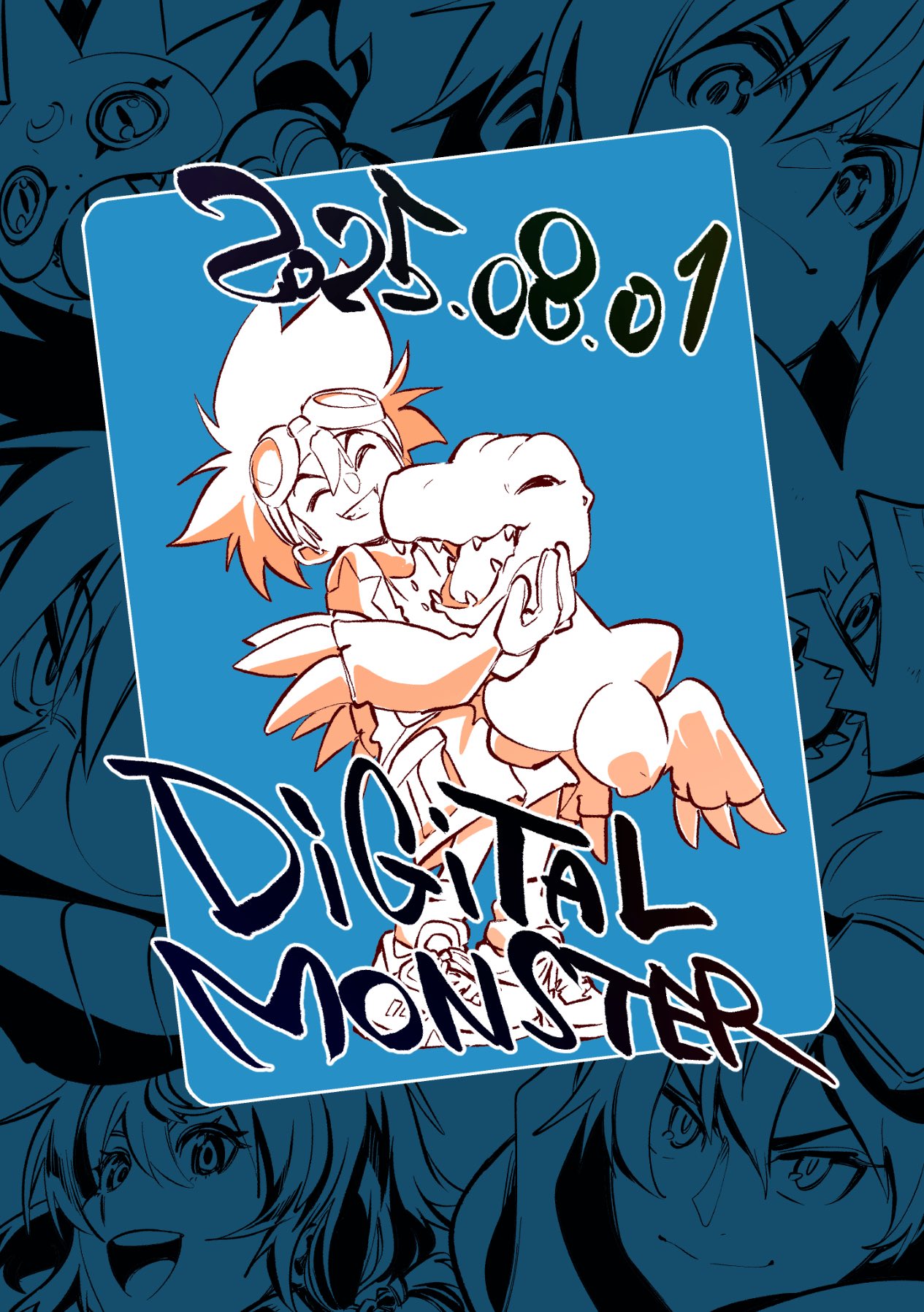 1girl, 4boys, agumon, blue_background, blue_theme, closed_eyes, dated, digimon