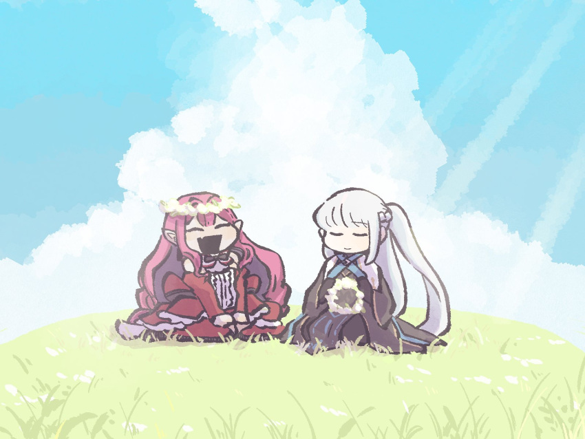 2girls, baobhan_sith_(fate), baobhan_sith_(first_ascension)_(fate), black_dress, black_gloves, braid, closed_eyes, clouds, dress, fate/grand_order, fate_(series), flower, gloves, hair_between_eyes, hair_flower, hair_ornament, half_up_braid, highres, long_hair, morgan_le_fay_(fate), morgan_le_fay_(queen_of_winter)_(fate), mother_and_daughter, multiple_girls, open_mouth, pink_hair, pointy_ears, ponytail, sky, smile, umeyama_(ume22ke), white_hair
