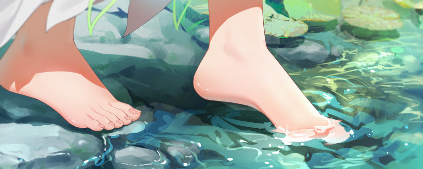 1girl, absurdres, barefoot, close-up, commentary_request, day, feet, feet_only, foot_focus, genshin_impact, highres, lily_pad, nahida_(genshin_impact), outdoors, rock, shadow, solo, standing, toe_dipping, toenails, toes, tu_er_tm, water