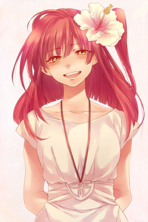 hair_flower, hair_ornament, hibiscus, magi__the_labyrinth_of_magic, magi_the_labyrinth_of_magic, morgiana, nanatsu_maka, open_mouth, red_hair, redhead, side_ponytail, yellow_eyes