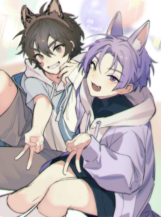 2boys, aged_down, animal_ear_hairband, animal_ears, artist_name, baegji13, bandaid, bandaid_on_face